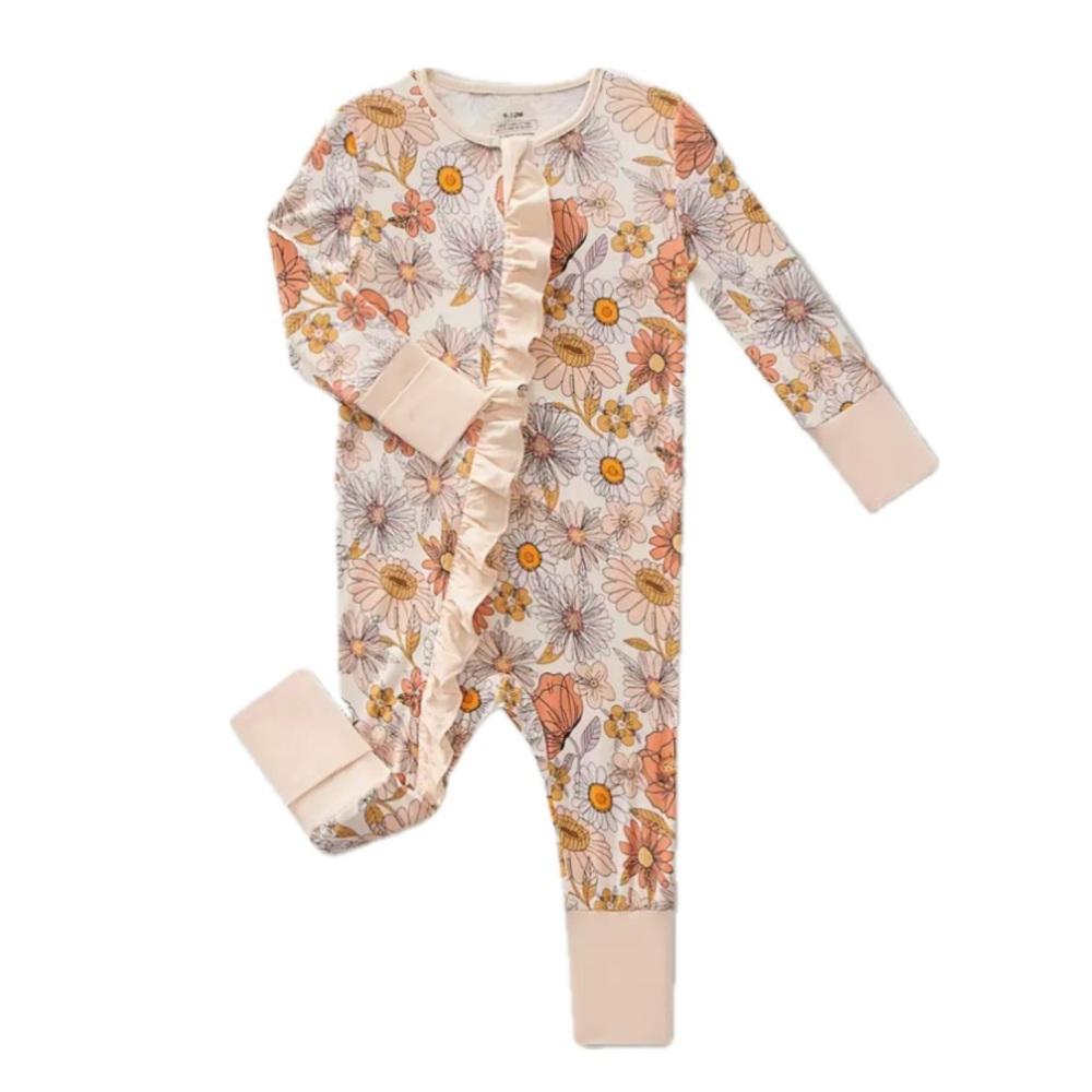 BOUTIQUE Bamboo Floral Ruffle Convertible Hand & Feet Zip Up Pajamas
